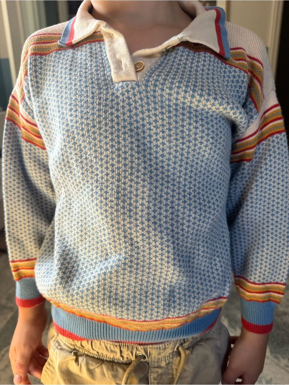 Kids Light Blue Patterned Knit Polo Sweater with Cream Collar